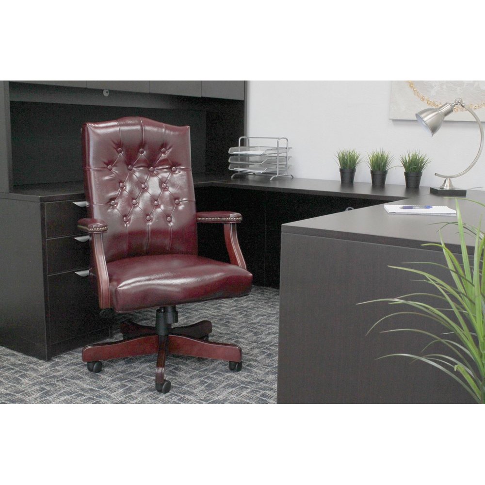 Boss Classic Executive Oxblood Vinyl Chair With Mahogany Finish Frame